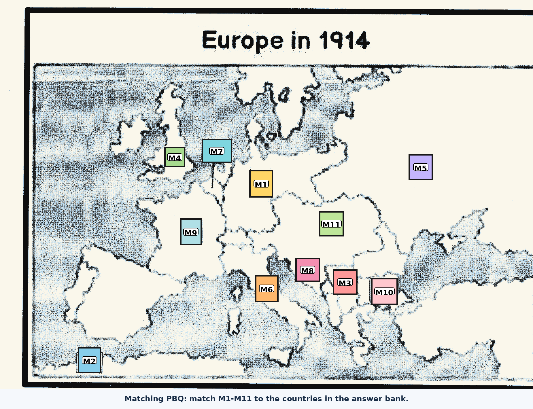 Europe in 1914 outline map with eleven numbered matching locations